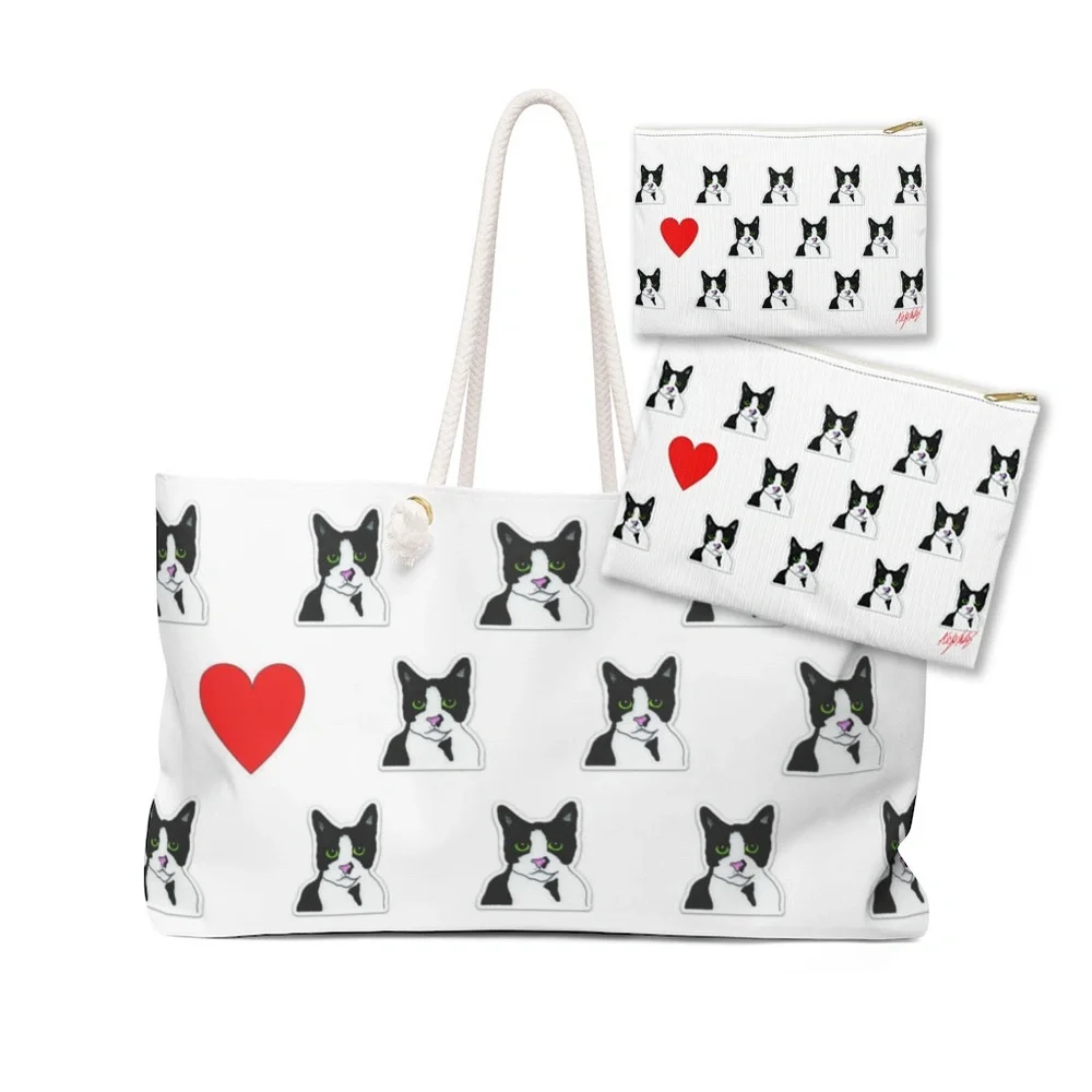 Weekender Tote Bag and 2 Zipper Pouches with Tuxedo Cat